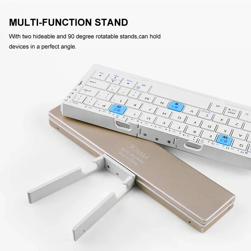 Bluetooth foldable keyboard with a secure magnetic stand, ideal for tablets & enhancing mobile productivity.