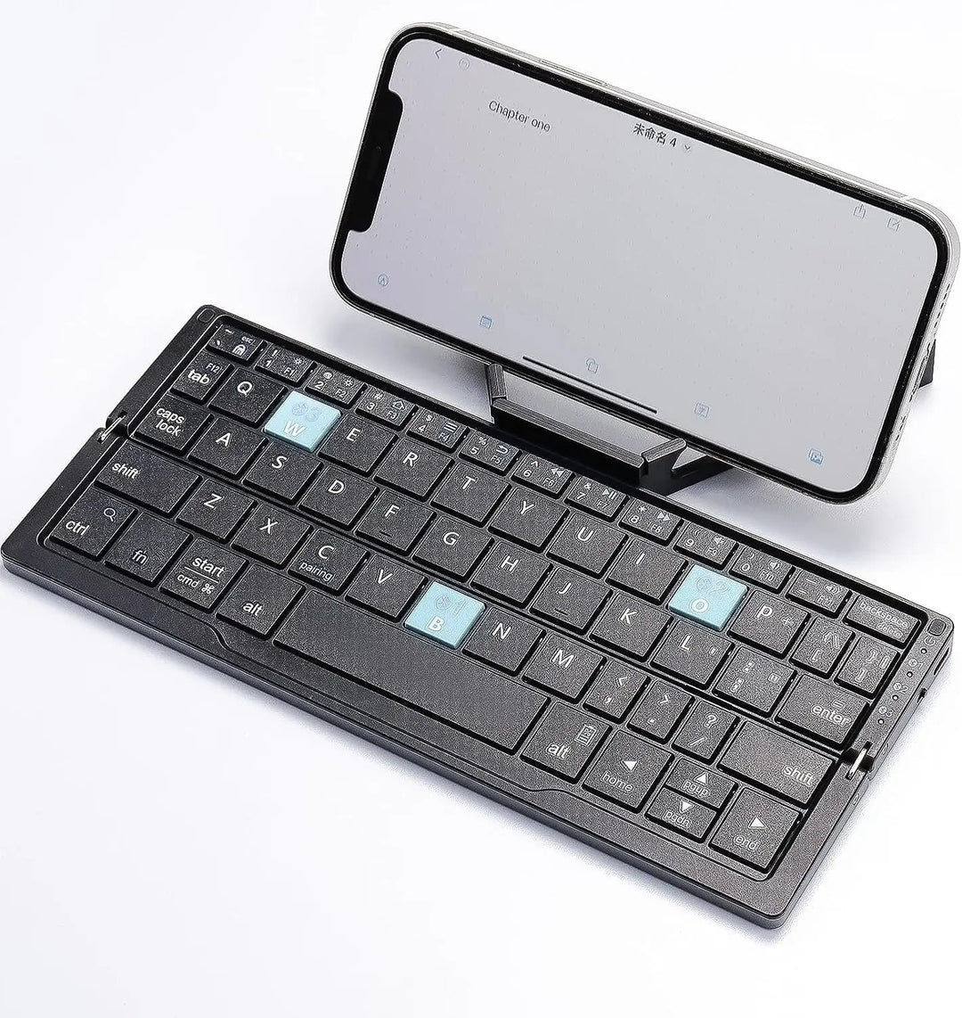 Ultra-compact foldable Bluetooth keyboard, easily sets up with its magnetic stand for instant mobile productivity.