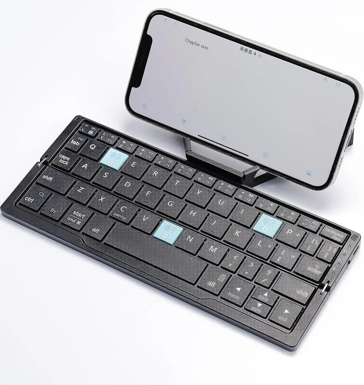 Ultra-compact foldable Bluetooth keyboard, easily sets up with its magnetic stand for instant mobile productivity.