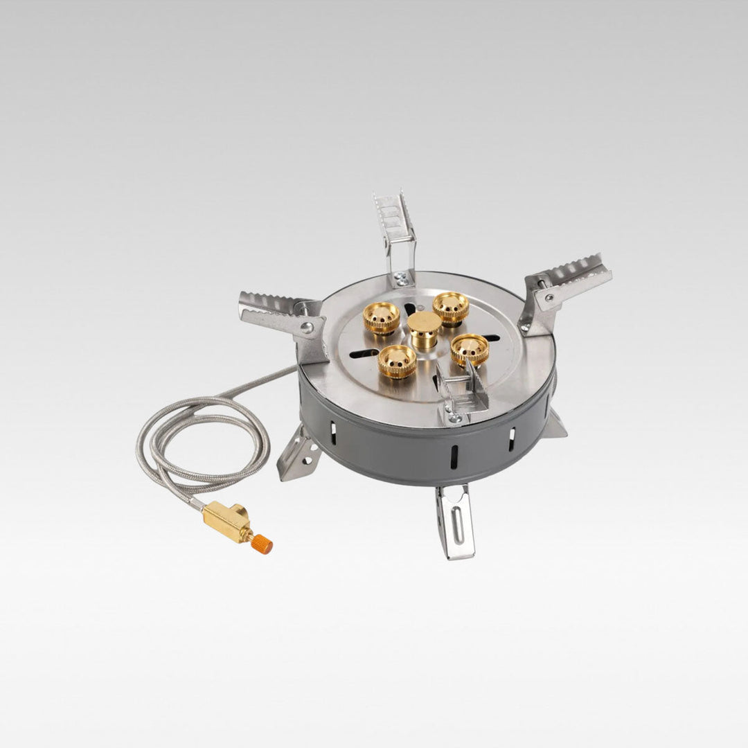 Foldable camping stove with high power, ideal for outdoor cooking and backpacking trips.