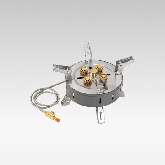 Foldable camping stove with high power, ideal for outdoor cooking and backpacking trips.