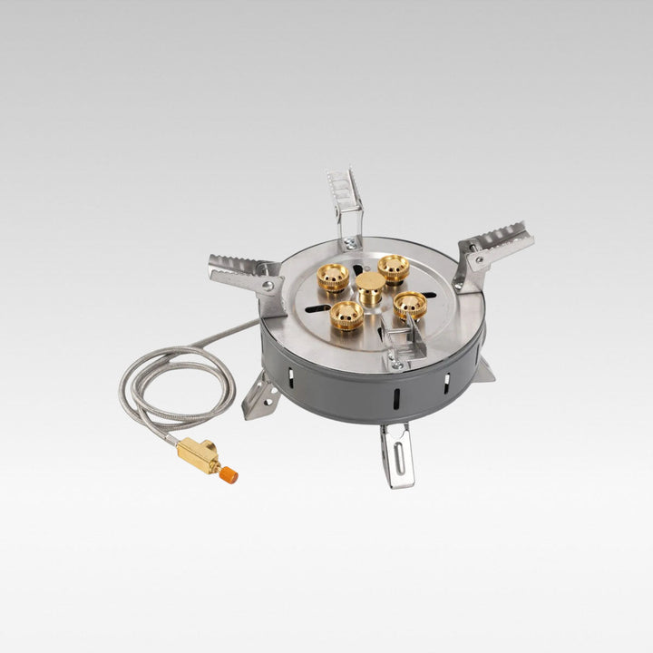 Foldable camping stove with high power, ideal for outdoor cooking and backpacking trips.