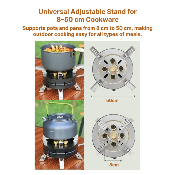 Compact gas stove for camping, showcasing its powerful flame and portable design.
