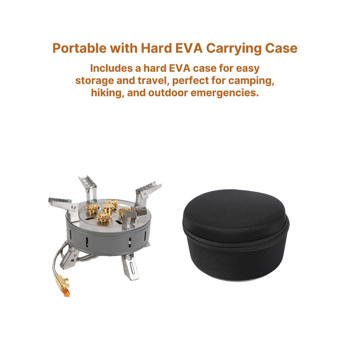 Backpacking camp stove, folded for easy transport, essential for hiking and outdoor meals.