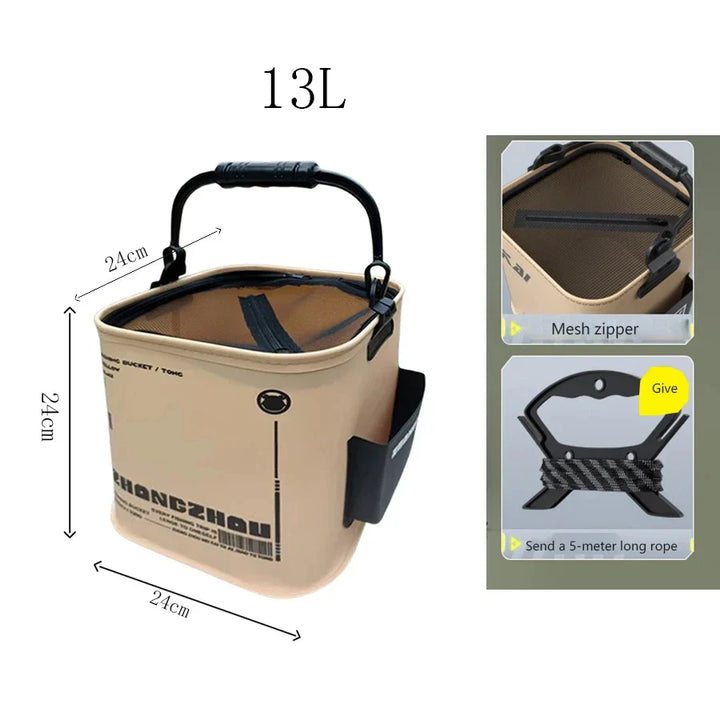 Waterproof foldable fishing bucket with strainer, essential outdoor gear for bait storage and transport.