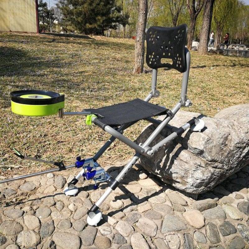Angler's portable fishing recliner chair, featuring a durable frame and multi-position backrest.