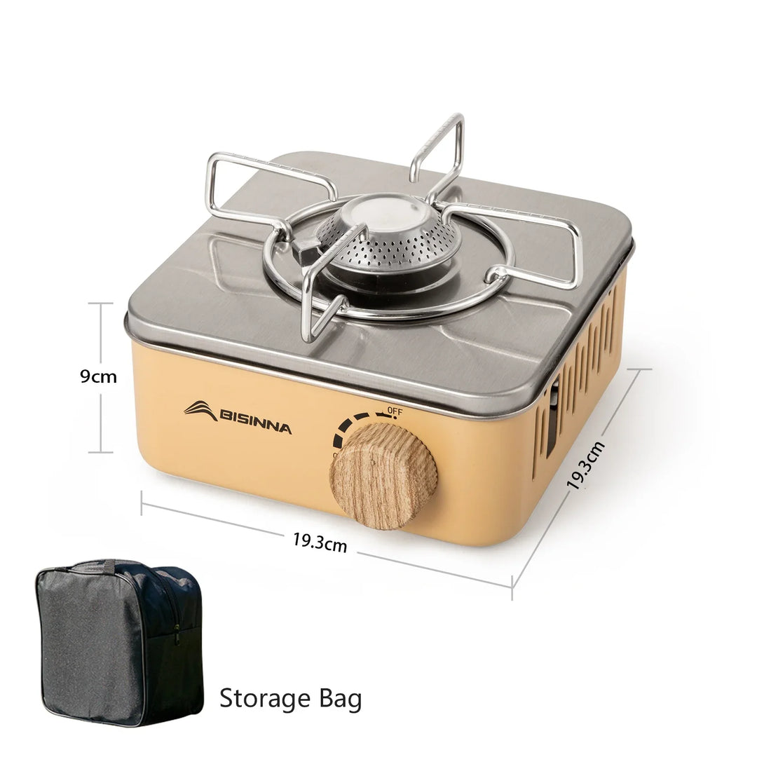 Stainless steel mini foldable camping stove, ultra-portable gas burner, perfect for all outdoor cooking needs.