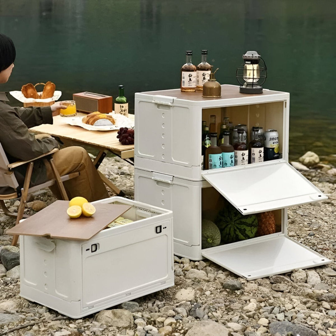 Foldable outdoor storage container with bamboo cutting board lid for camping gear organization