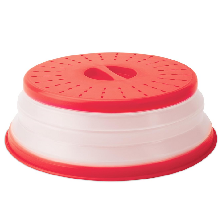 Grey foldable silicone microwave splatter lid; compact kitchen storage, BPA-free food cover.