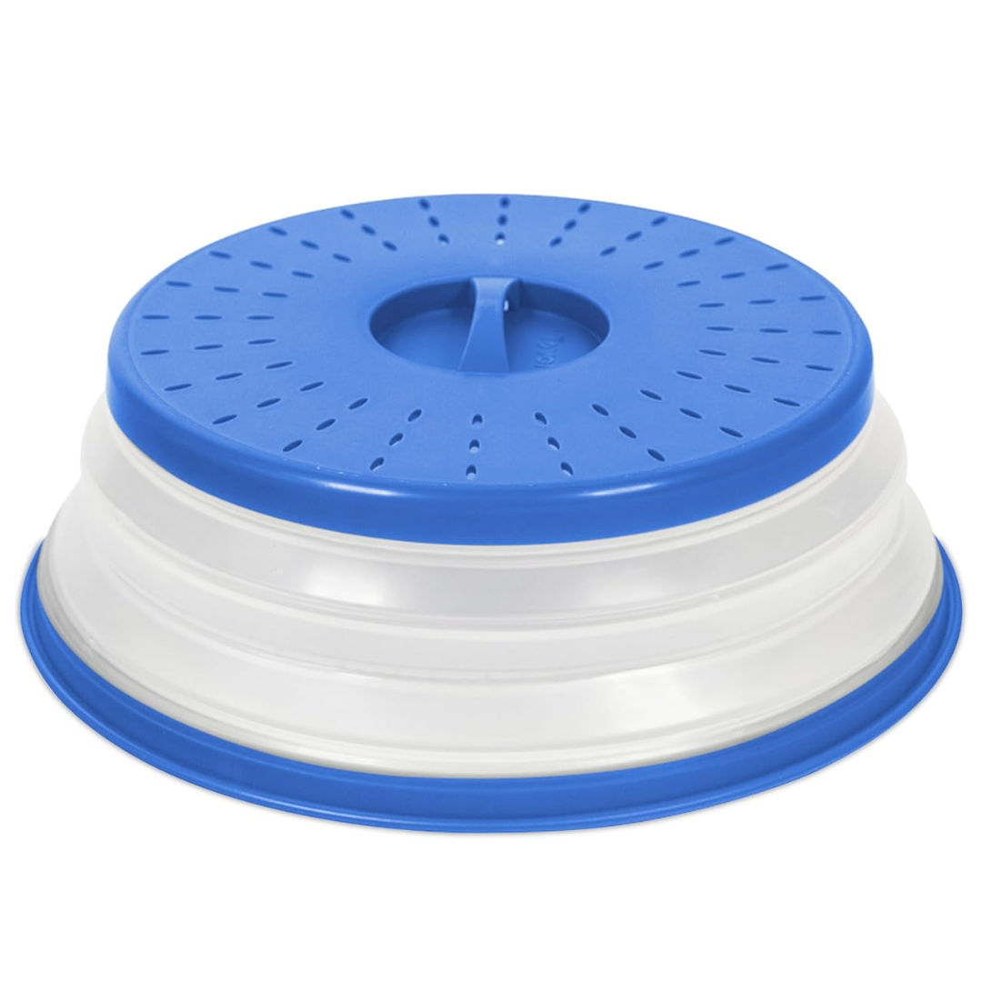 Red silicone microwave splatter lid prevents messes, foldable for easy storage. BPA-free kitchen aid.