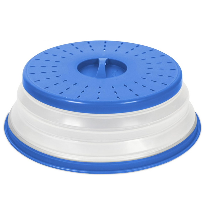 Red silicone microwave splatter lid prevents messes, foldable for easy storage. BPA-free kitchen aid.