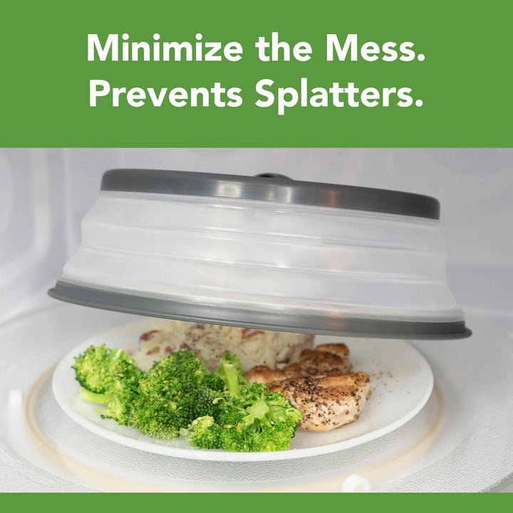 Grey foldable silicone microwave splatter lid; BPA-free food cover for clean, efficient reheating & cooking.