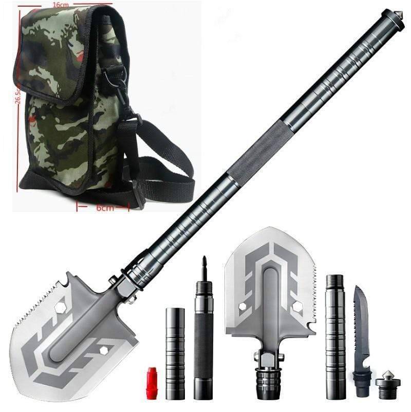 Foldable tactical military shovel for camping, survival & hiking, black with multiple functions.