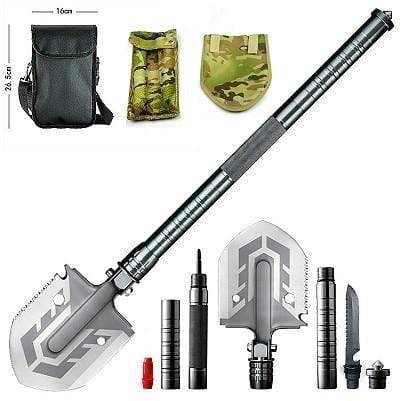 Black military tactical shovel, easily collapsible for hiking, camping, and emergency kits.