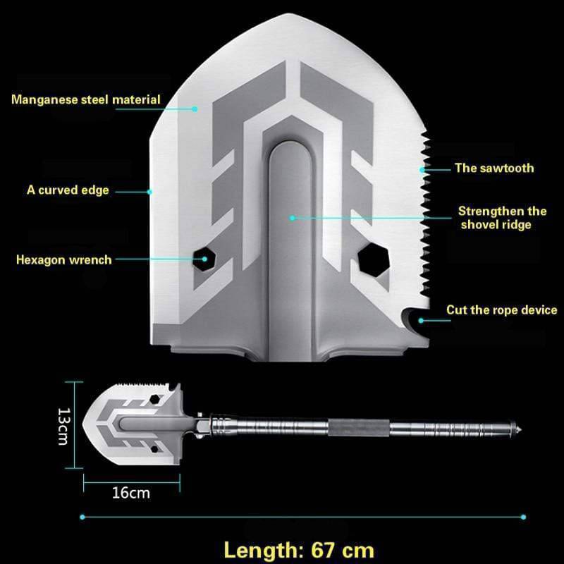 Unisex multitool camping shovel, compact and foldable for outdoor survival preparedness.