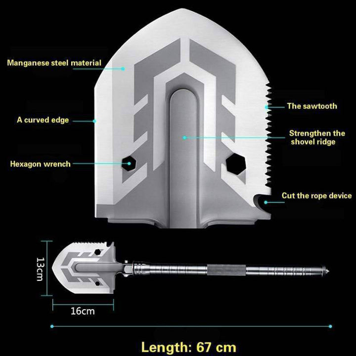 Unisex multitool camping shovel, compact and foldable for outdoor survival preparedness.