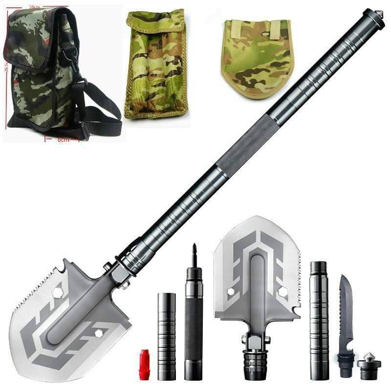 Military-grade tactical shovel, black, designed for emergency and outdoor hiking tasks.