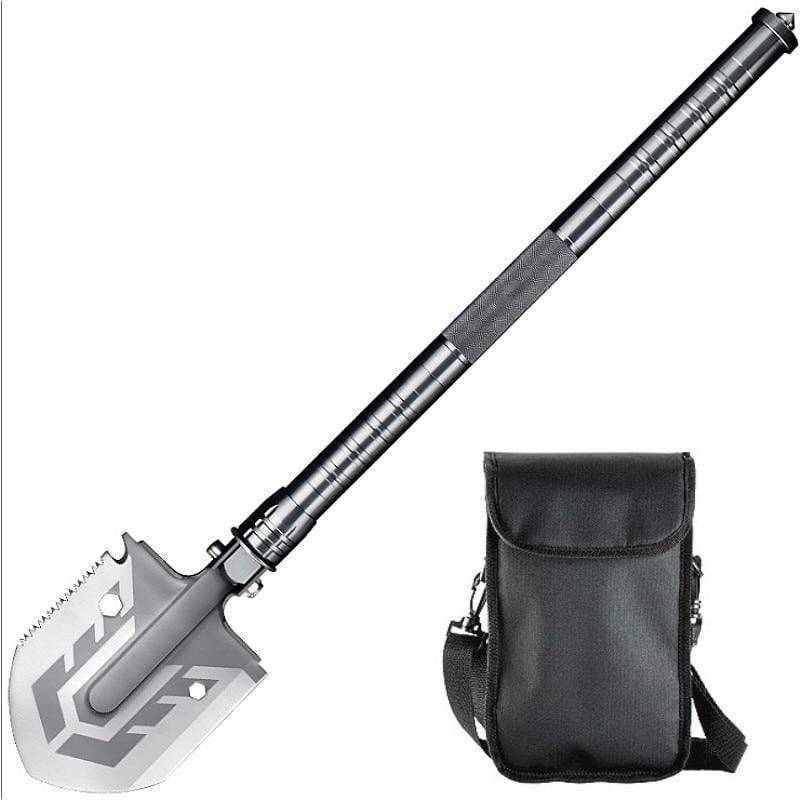 Survival multi-function foldable shovel, ideal for camping, hiking, and emergency situations.