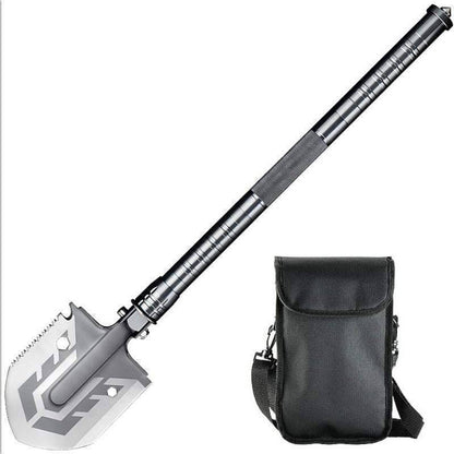 Survival multi-function foldable shovel, ideal for camping, hiking, and emergency situations.