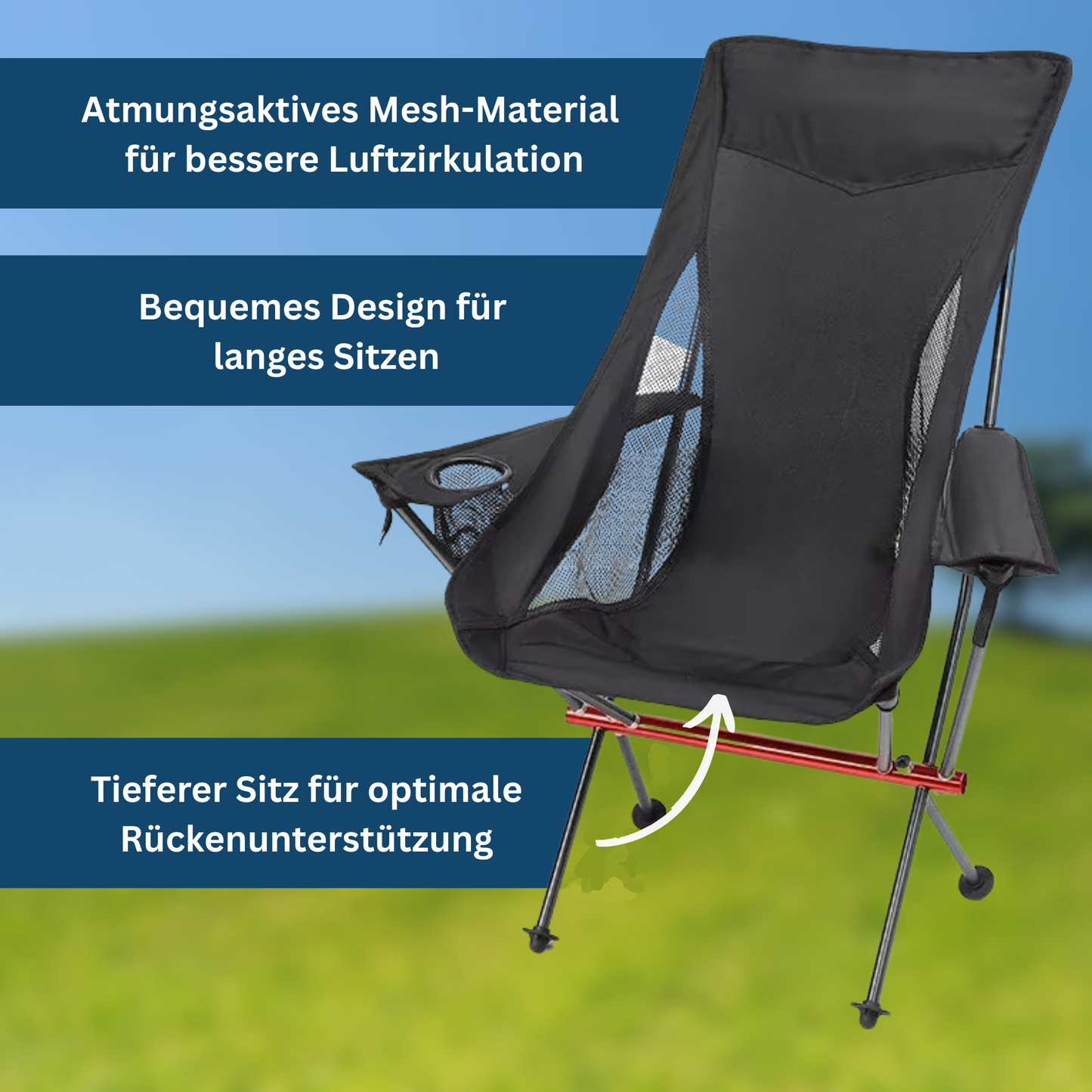 Portable camping chair with armrests and cup holder, blue fabric, perfect for beach or camp.