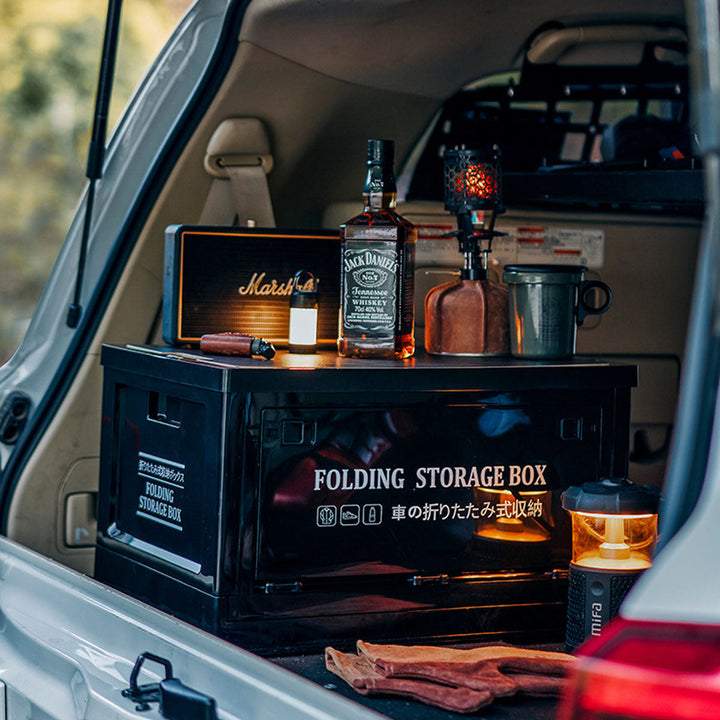 Wood lid folding crate, excellent for keeping camp gear tidy and protected