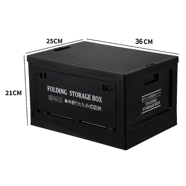 Collapsible storage box with wood top, perfect for camp gear organization
