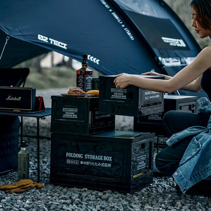Camping organizer: folding crate with sturdy wooden lid, space-saving