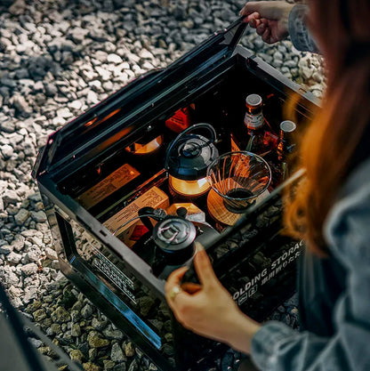 Durable folding storage box with wood lid, multi-purpose outdoor use
