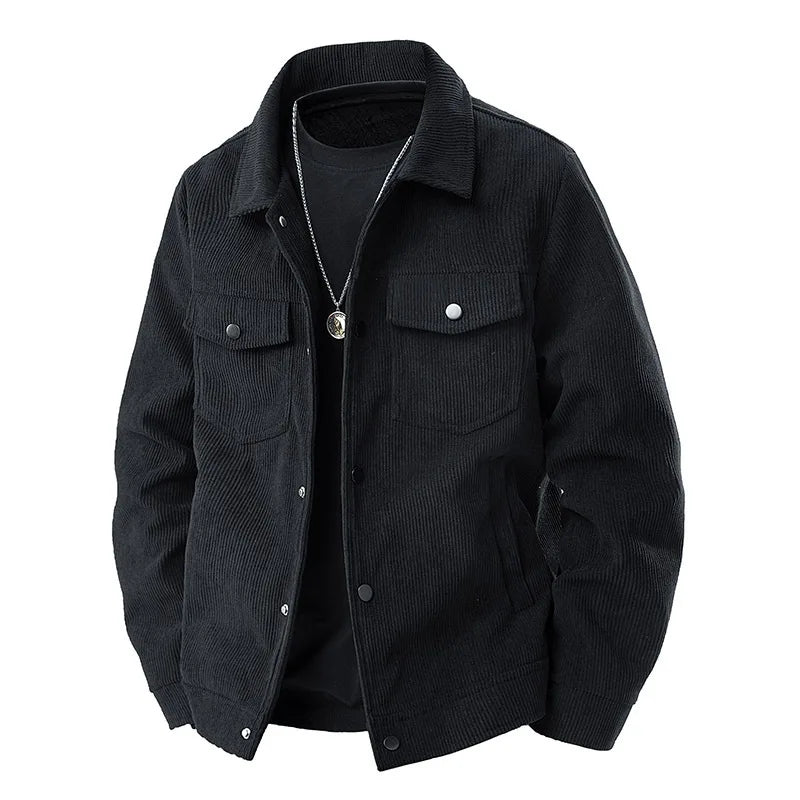 Classic black unisex ribbed jacket, a cozy outerwear piece for everyday comfort & stylish versatile layering.
