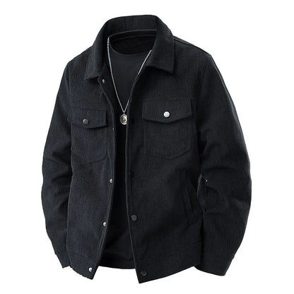 Classic black unisex ribbed jacket, a cozy outerwear piece for everyday comfort & stylish versatile layering.