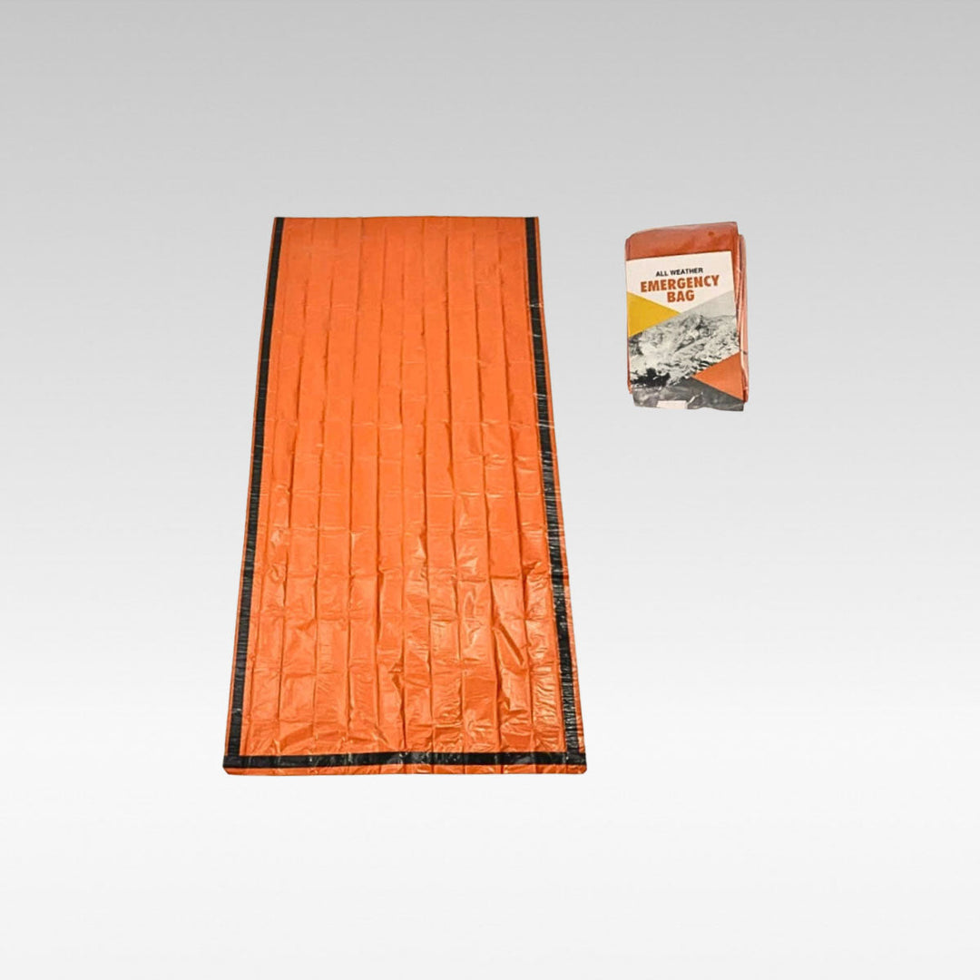 Four compact emergency survival sleeping bags showing thermal mylar material, essential for camping & hiking safety.