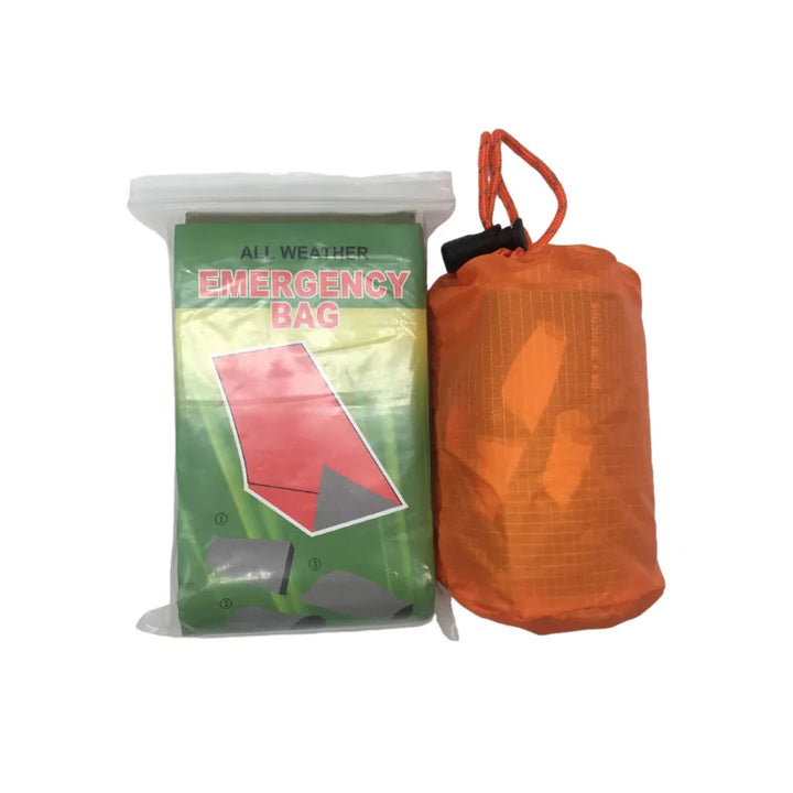 Zoomed-in texture of an emergency survival sleeping bag, highlighting the durable, thermal mylar material for safety.