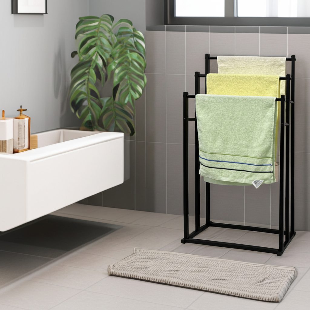 Freestanding steel towel rack for bathroom organization, space-saving & durable storage.