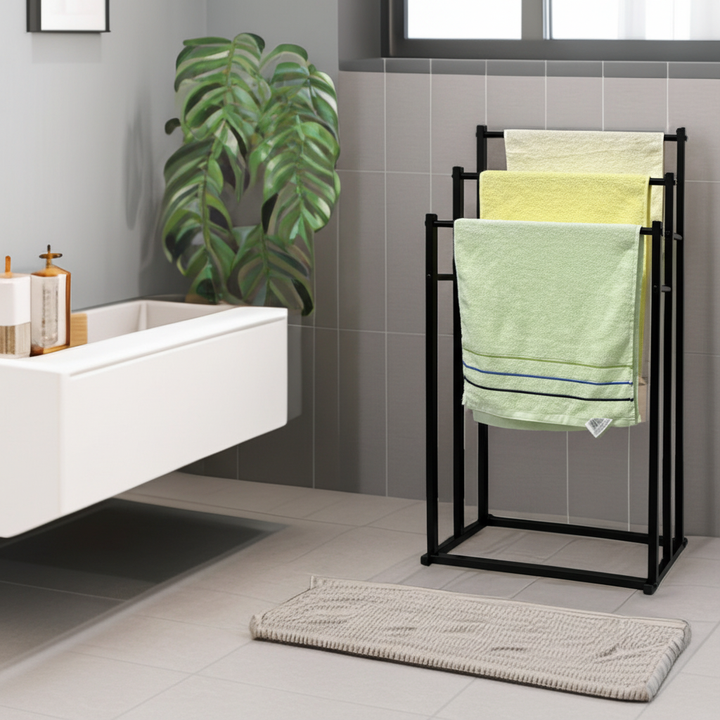 Freestanding steel towel rack for bathroom organization, space-saving & durable storage.