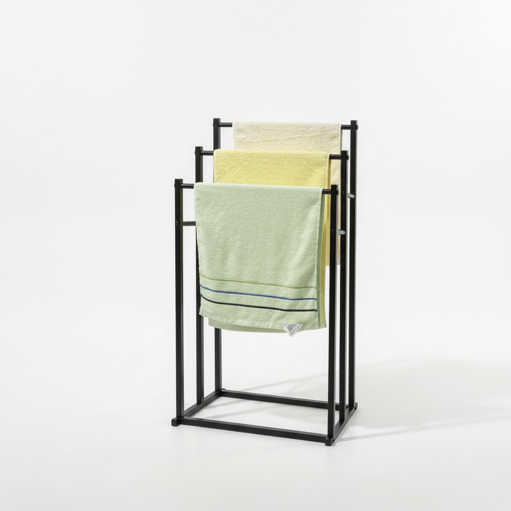 Stylish freestanding steel towel rack, elegant home decor & practical towel storage for any bathroom.