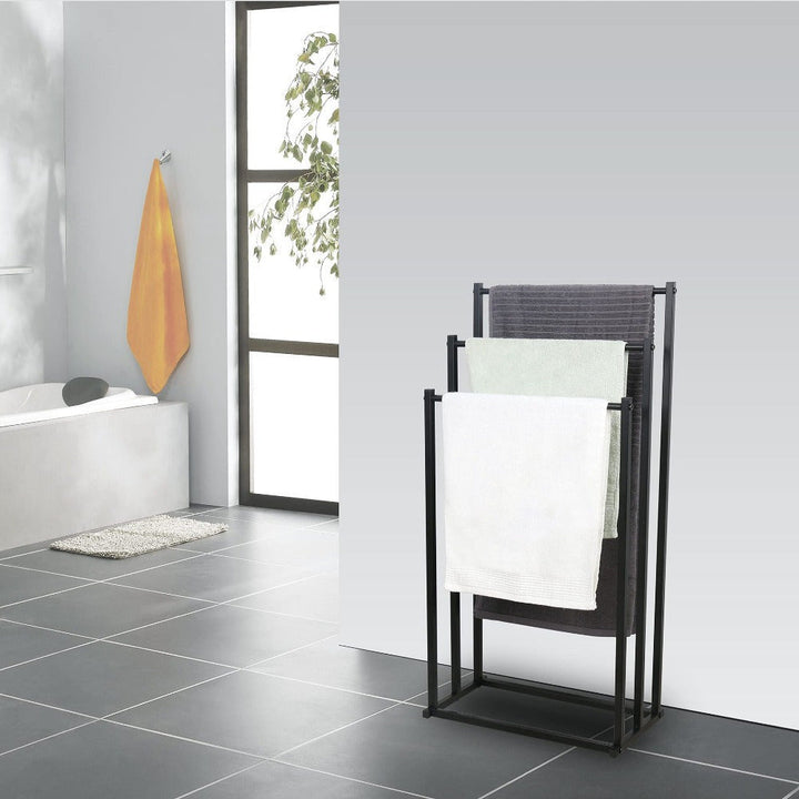 Durable steel freestanding towel rack, rust-resistant and stable for long-lasting bathroom organization.