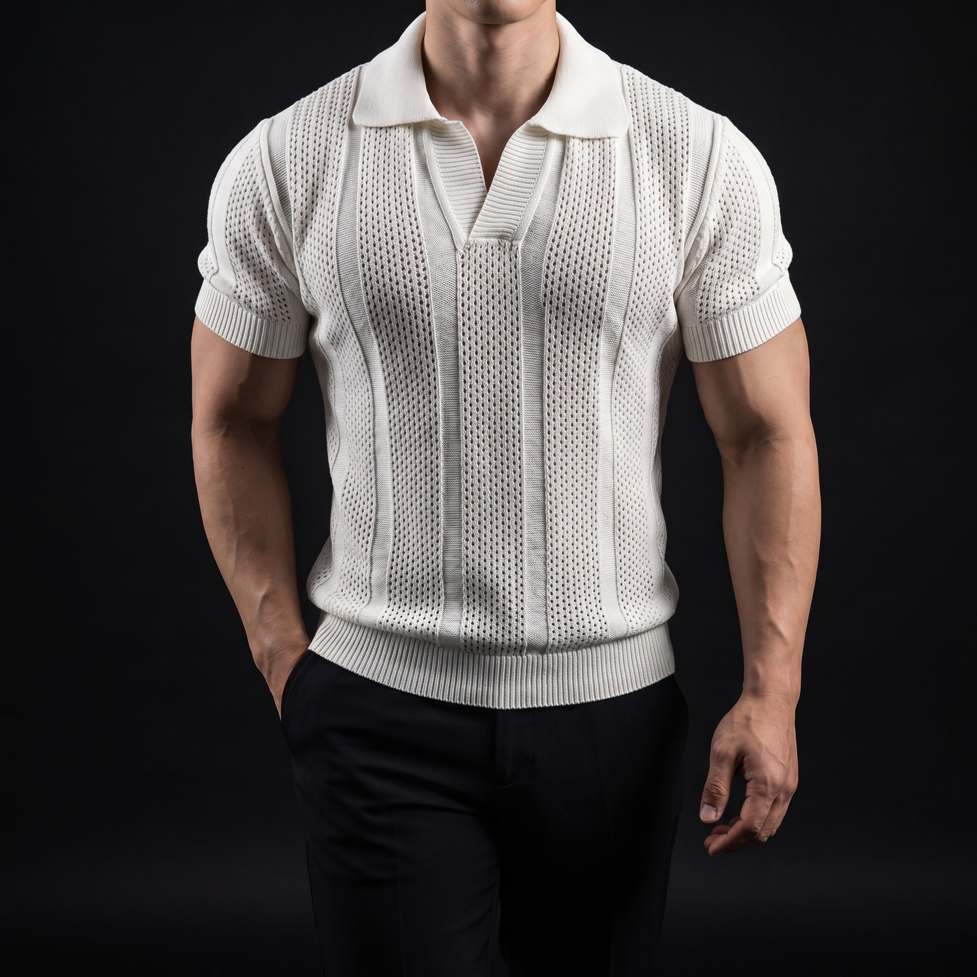 Close-up of breathable fabric on a men's short-sleeve performance polo, designed for maximum comfort.