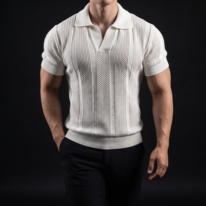 Close-up of breathable fabric on a men's short-sleeve performance polo, designed for maximum comfort.
