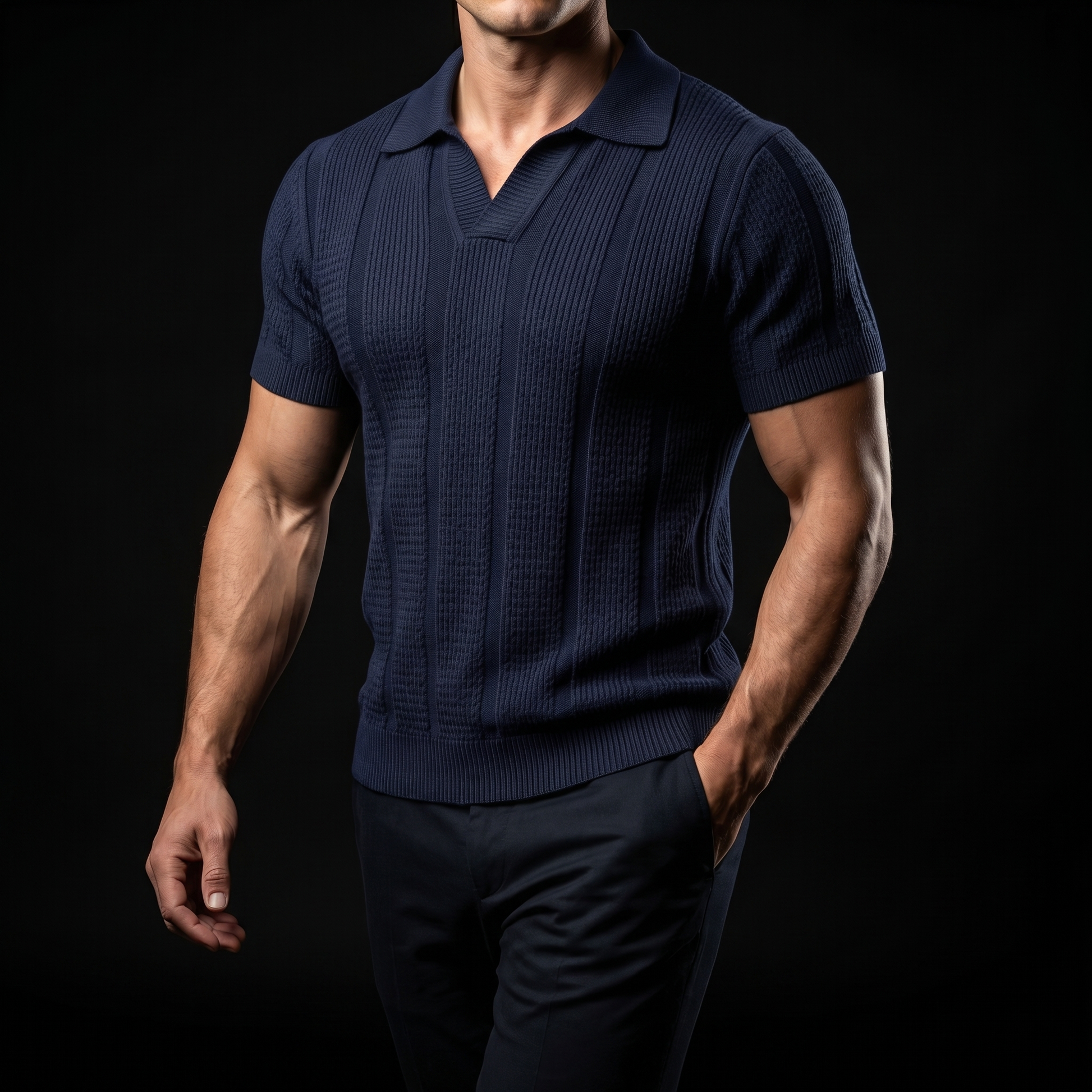 Man wearing a stylish athletic polo shirt, showcasing its slim fit and comfortable design for active lifestyles.