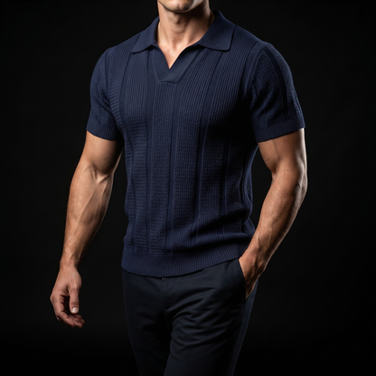 Man wearing a stylish athletic polo shirt, showcasing its slim fit and comfortable design for active lifestyles.