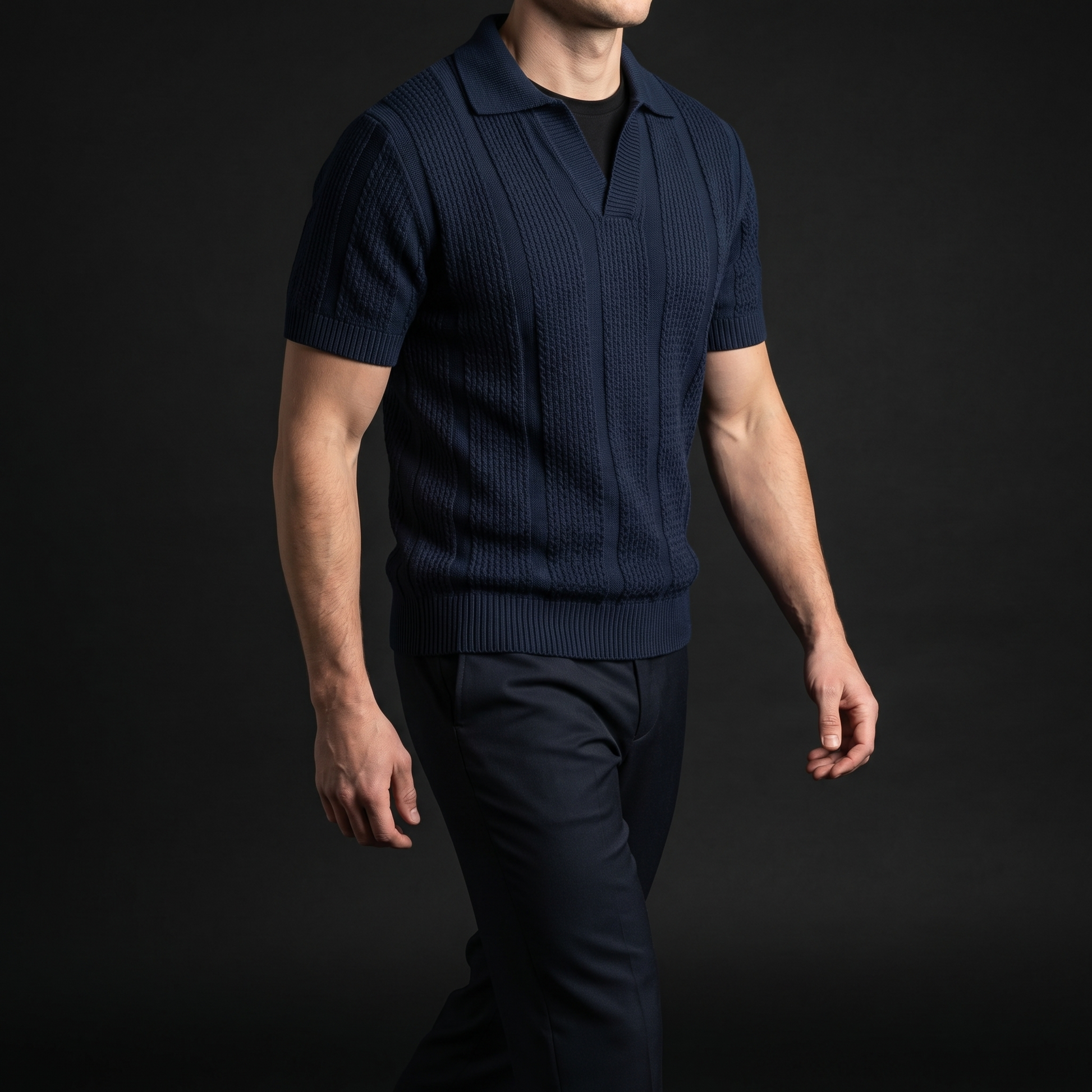 Back view of a men's casual polo shirt, highlighting the short sleeve and breathable material for summer comfort.