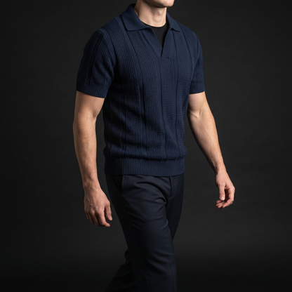 Back view of a men's casual polo shirt, highlighting the short sleeve and breathable material for summer comfort.