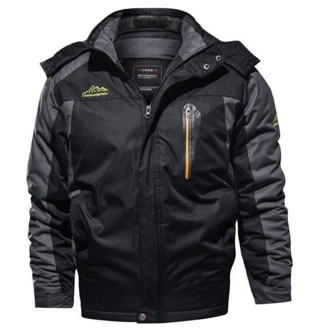 Detail of the waterproof material and sealed seams on a men's parka jacket for snow