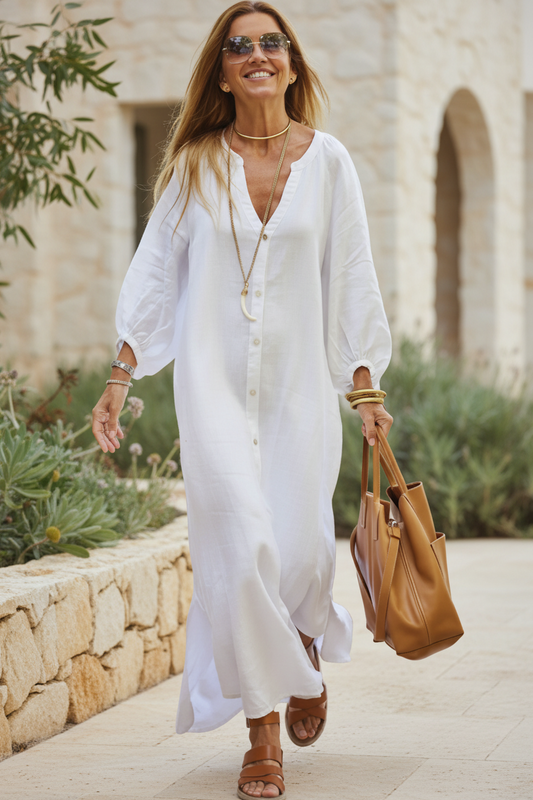 Front view of Women's Cecilia Breezy Dress. Effortless summer style, casual button-up design for everyday comfort.
