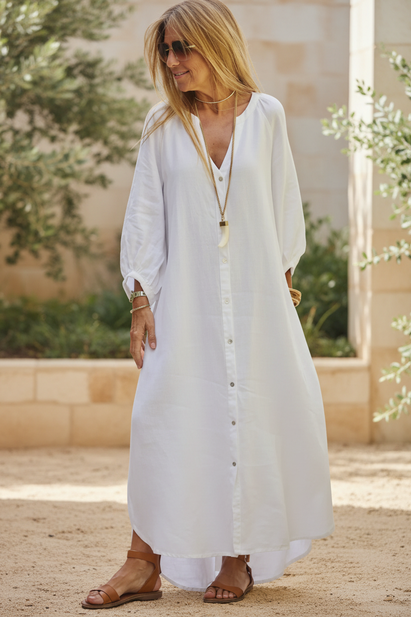 Close-up of the breezy fabric and buttons on the Women's Cecilia Summer Dress. Lightweight and versatile fashion.