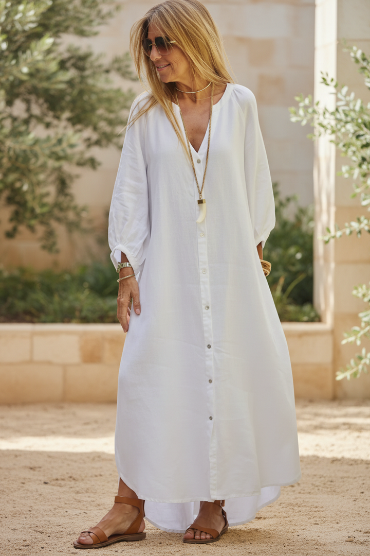 Close-up of the breezy fabric and buttons on the Women's Cecilia Summer Dress. Lightweight and versatile fashion.