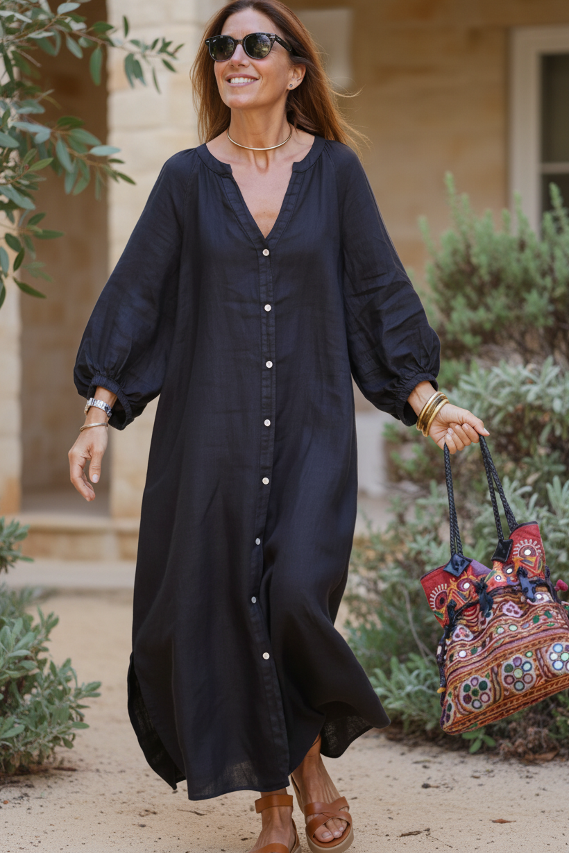 Side profile of a woman in the Women's Cecilia Casual Dress, showcasing its flattering and flowy silhouette.