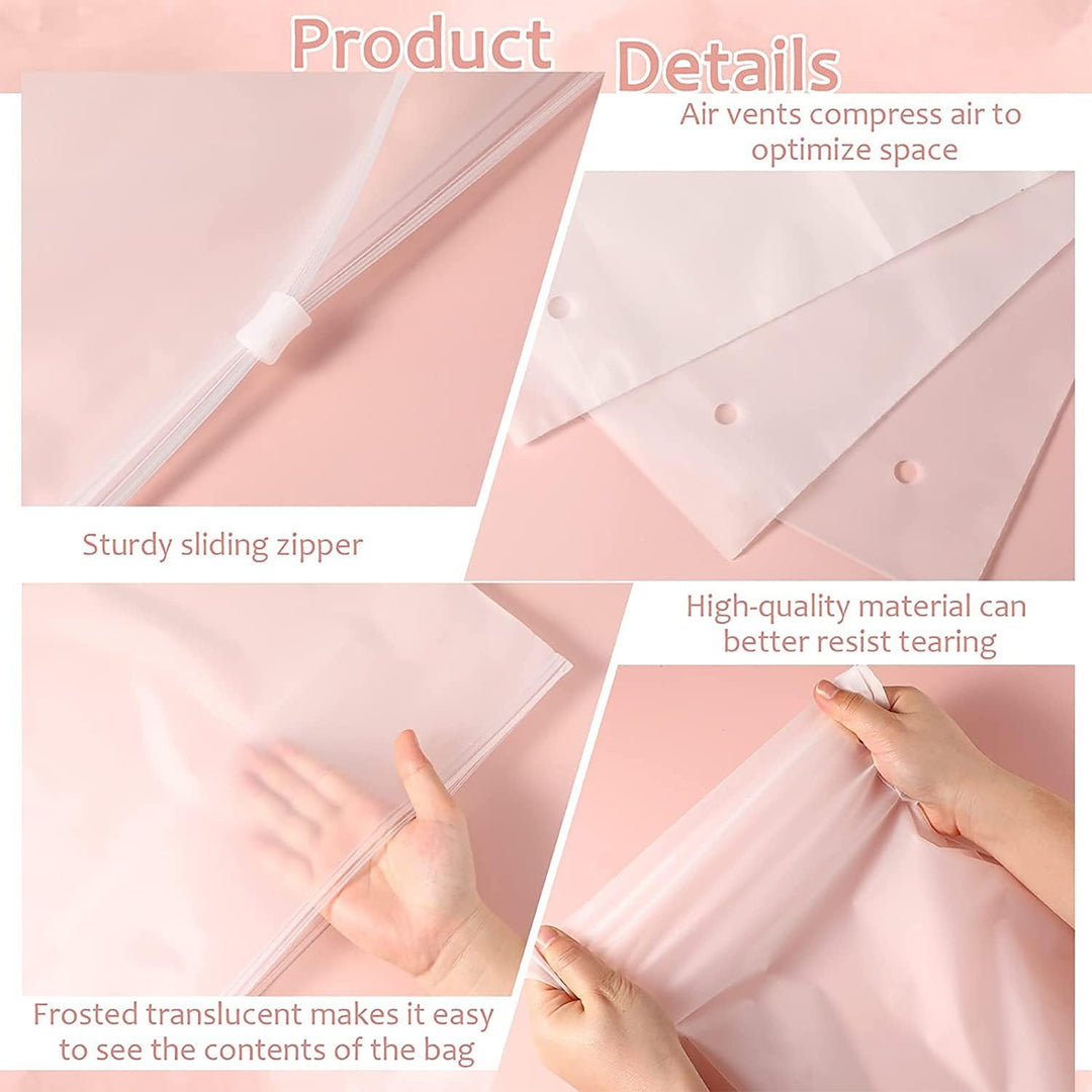 Home organization solution: Frosted plastic storage bags for clothing, linens, & more.