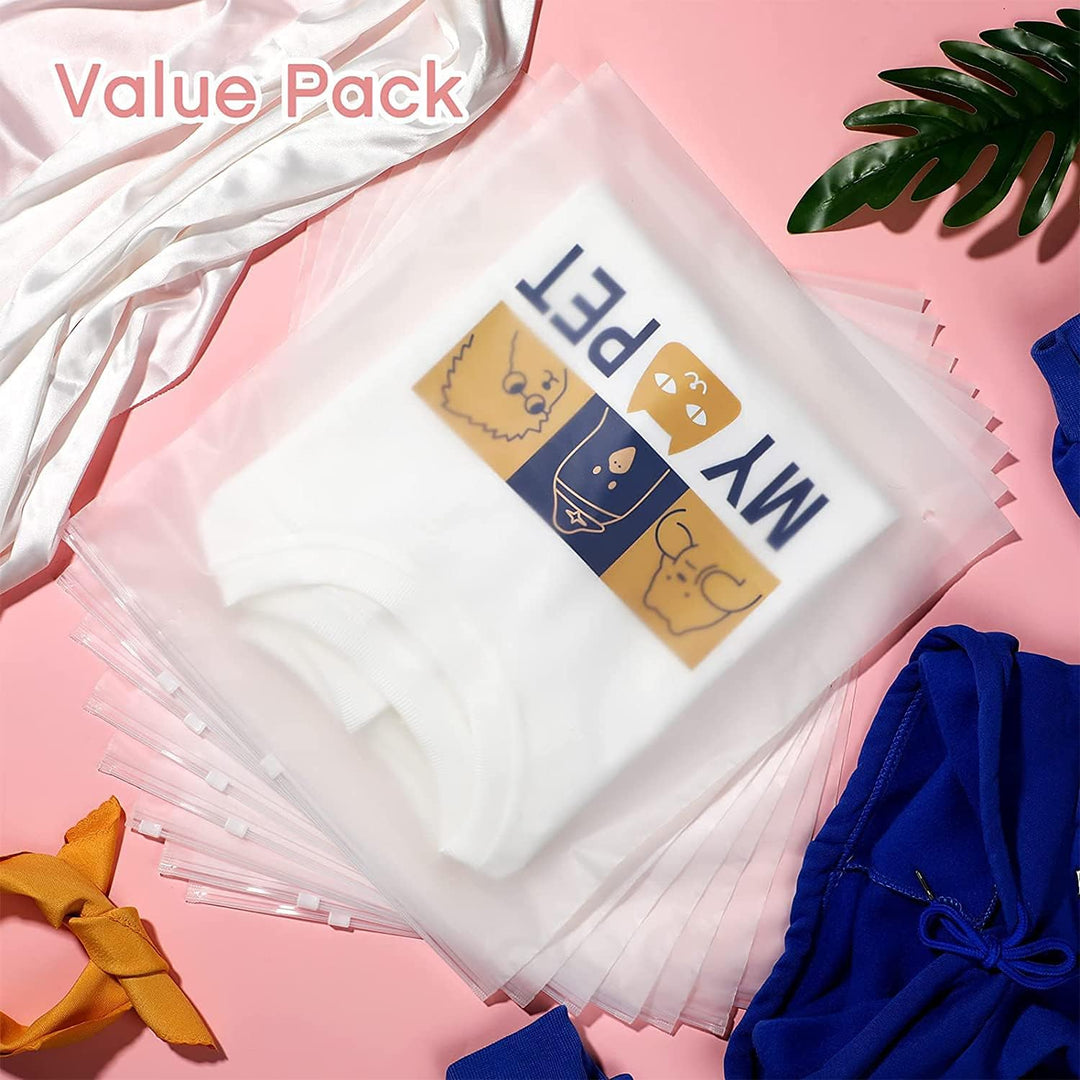 Multipurpose frosted plastic garment sleeves with secure zipper closure for travel storage.