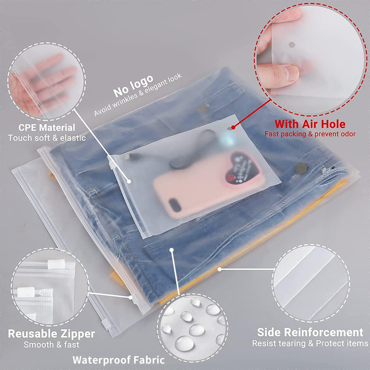 Organize your closet with these reusable frosted zipper bags, perfect for clothes & accessories.